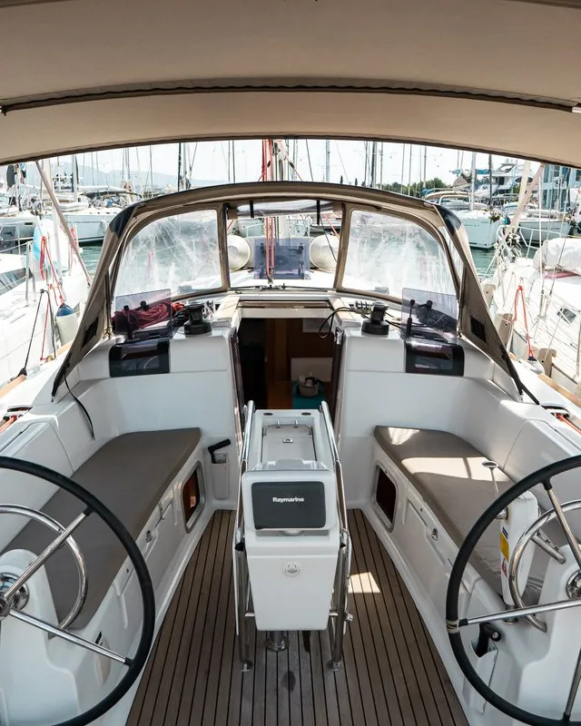 Cockpit of Izzi, a Jeanneau Sun Odyssey 419 sailboat at Municipal Unit of Lefkada, Greece