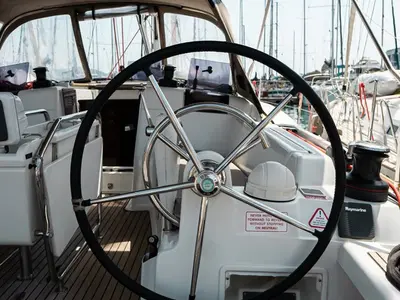 Cockpit of Izzi, a Jeanneau Sun Odyssey 419 sailboat at Municipal Unit of Lefkada, Greece