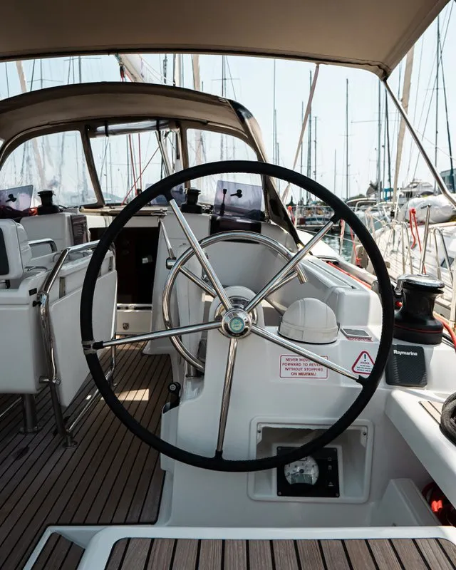 Cockpit of Izzi, a Jeanneau Sun Odyssey 419 sailboat at Municipal Unit of Lefkada, Greece