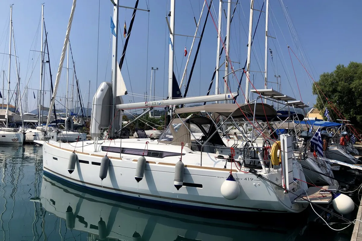 Exterior view of Izzi, a Jeanneau Sun Odyssey 419 sailboat at Municipal Unit of Lefkada, Greece