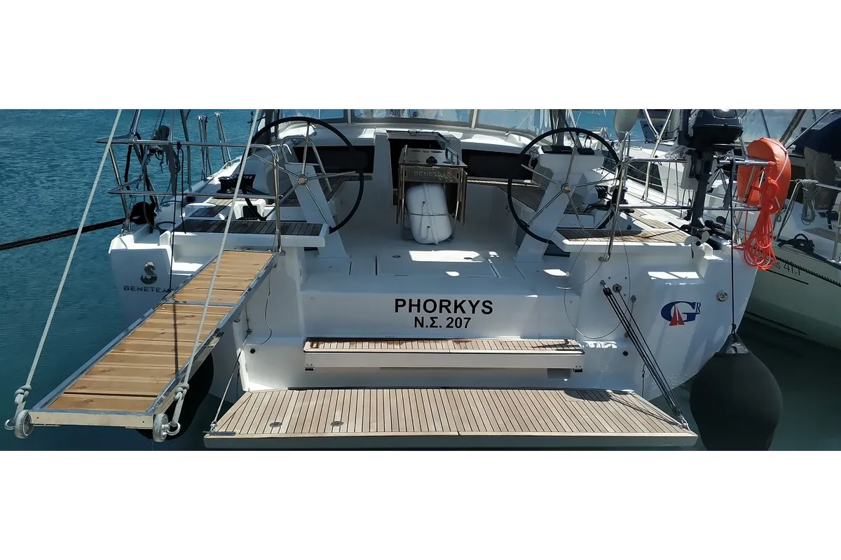 Exterior view of PHORKYS GEN + A.C, a Beneteau Oceanis 46.1 sailboat at Municipal Unit of Lefkada, Greece