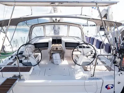 Cockpit of PHORKYS GEN + A.C, a Beneteau Oceanis 46.1 sailboat at Municipal Unit of Lefkada, Greece
