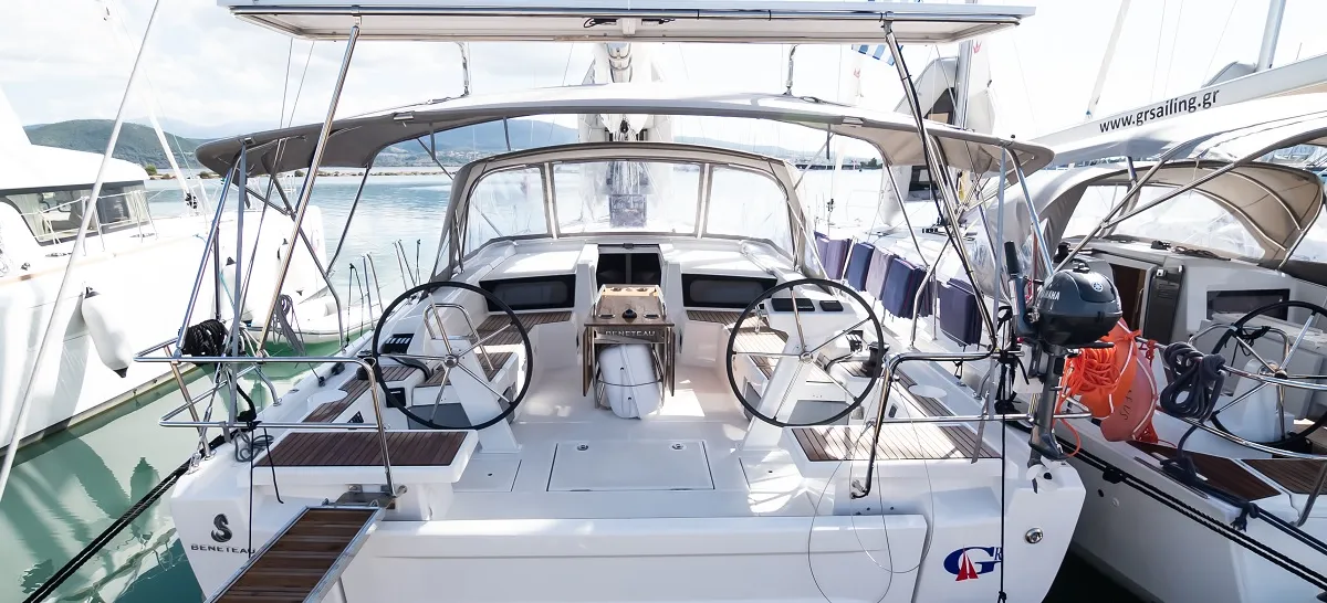 Cockpit of PHORKYS GEN + A.C, a Beneteau Oceanis 46.1 sailboat at Municipal Unit of Lefkada, Greece