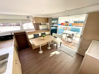 Salon of Buongiorno principessa, a Lagoon 43 catamaran at Salerno, Italy