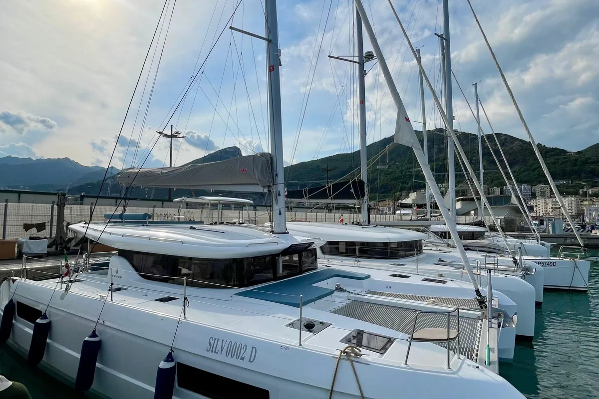 Exterior view of Buongiorno principessa, a Lagoon 43 catamaran at Salerno, Italy