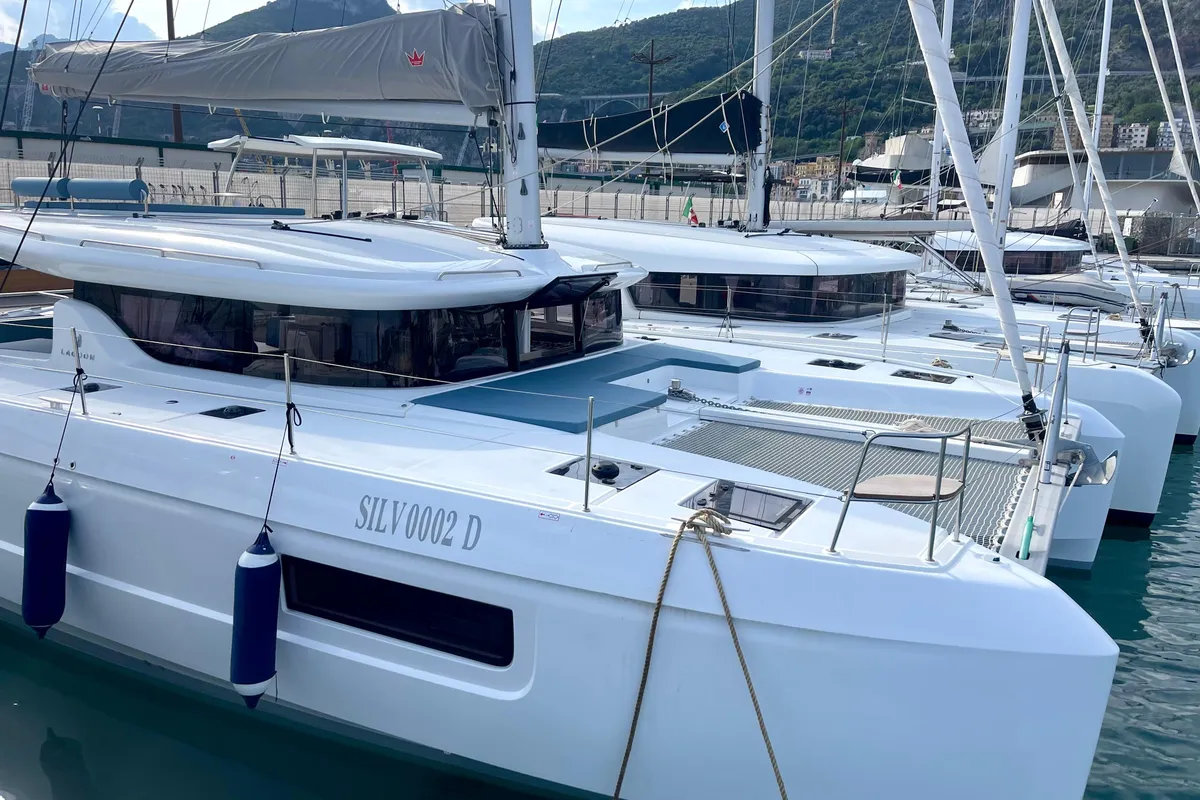 Exterior view of Buongiorno principessa, a Lagoon 43 catamaran at Salerno, Italy