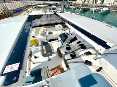 Cockpit of Buongiorno principessa, a Lagoon 43 catamaran at Salerno, Italy