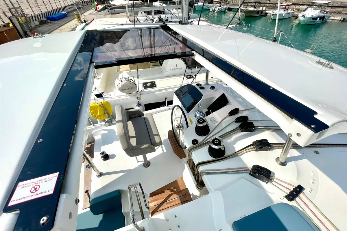 Cockpit of Buongiorno principessa, a Lagoon 43 catamaran at Salerno, Italy