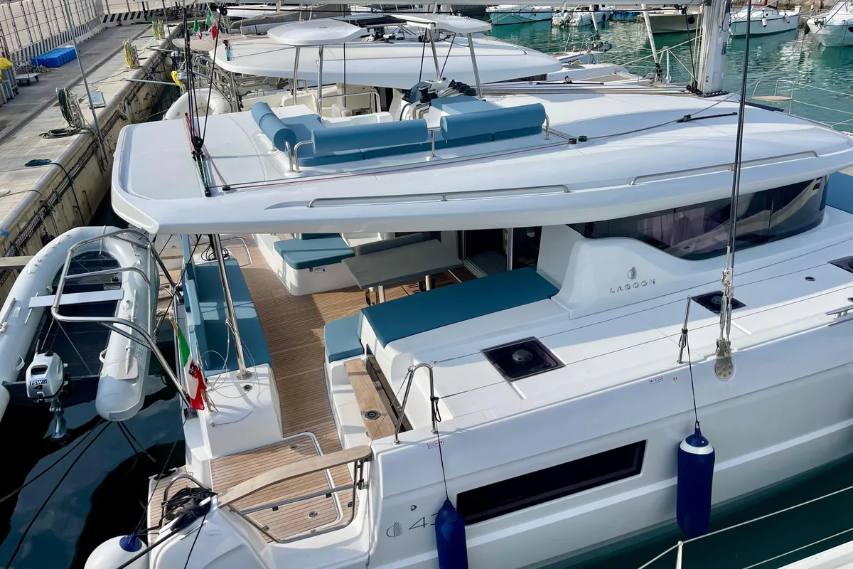 Exterior view of Buongiorno principessa, a Lagoon 43 catamaran at Salerno, Italy