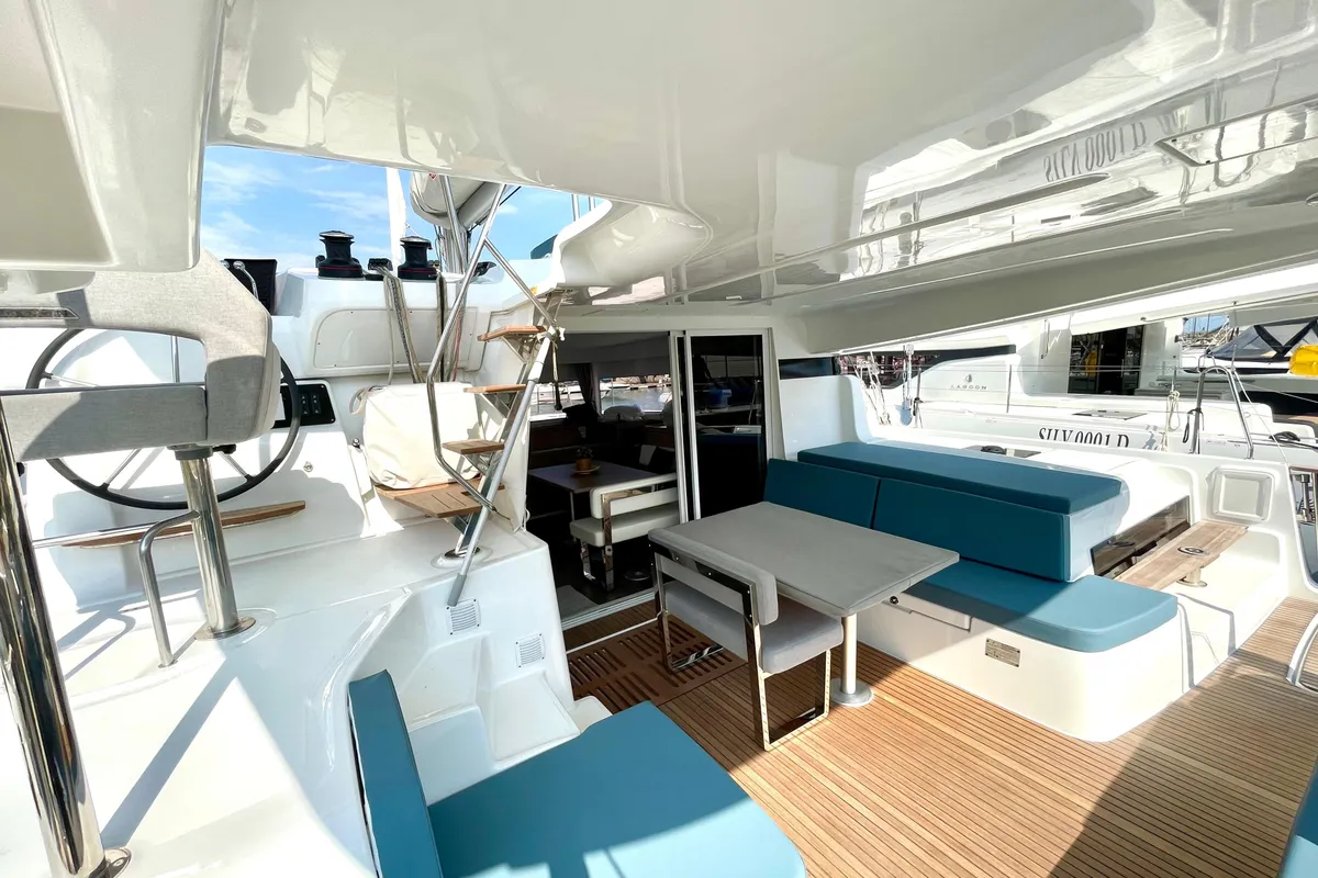 Cockpit of Buongiorno principessa, a Lagoon 43 catamaran at Salerno, Italy