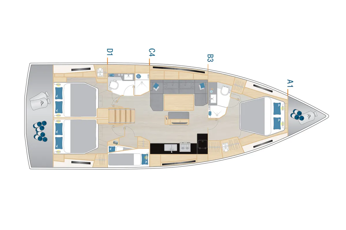 Floor plan of Hanse 461 OW, a sailboat at Sukošan, Croatia