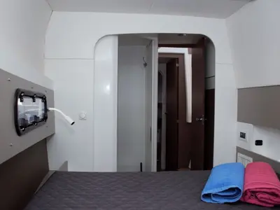 Cabin on Fasteam Two, a Bali 4.3 catamaran at Castellammare di Stabia, Italy
