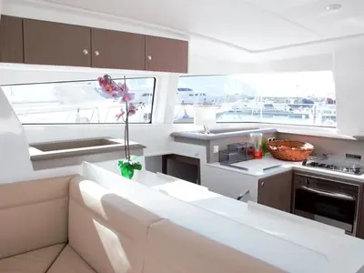 Salon of Fasteam Two, a Bali 4.3 catamaran at Castellammare di Stabia, Italy