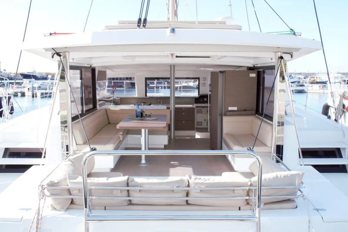 Deck of Fasteam Two, a Bali 4.3 catamaran at Castellammare di Stabia, Italy