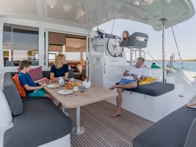 Deck of Mary Grace, a Lagoon 40 catamaran at Municipal Unit of Lefkada, Greece