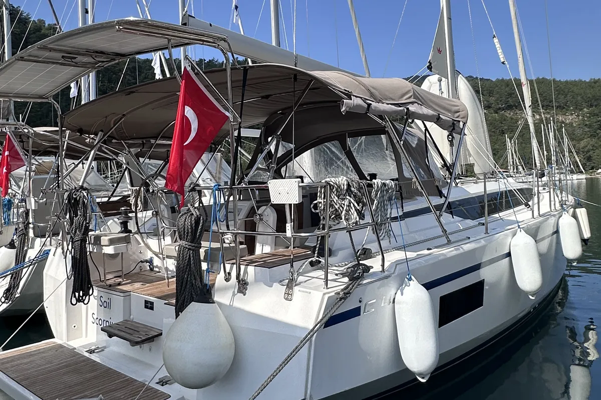 Exterior view of Sail Scorpius, a Bavaria C42 sailboat at Marmaris, Turkey