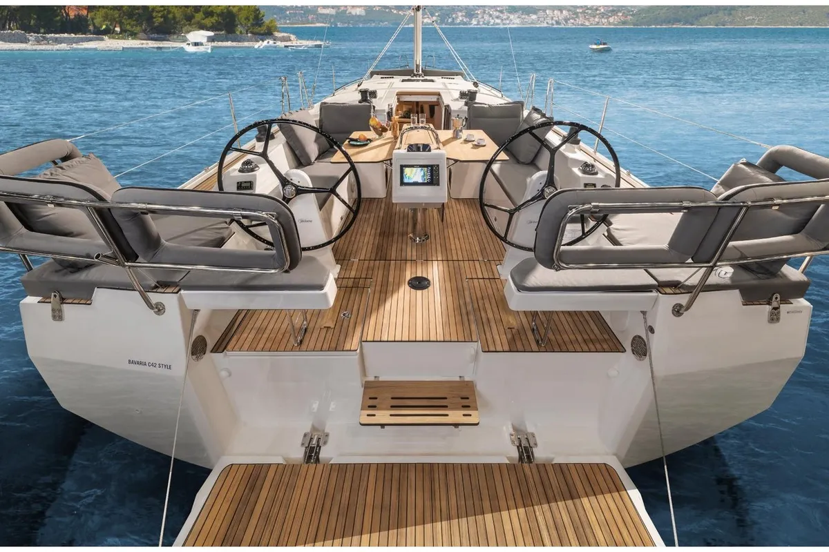 Exterior view of Sail Scorpius, a Bavaria C42 sailboat at Marmaris, Turkey