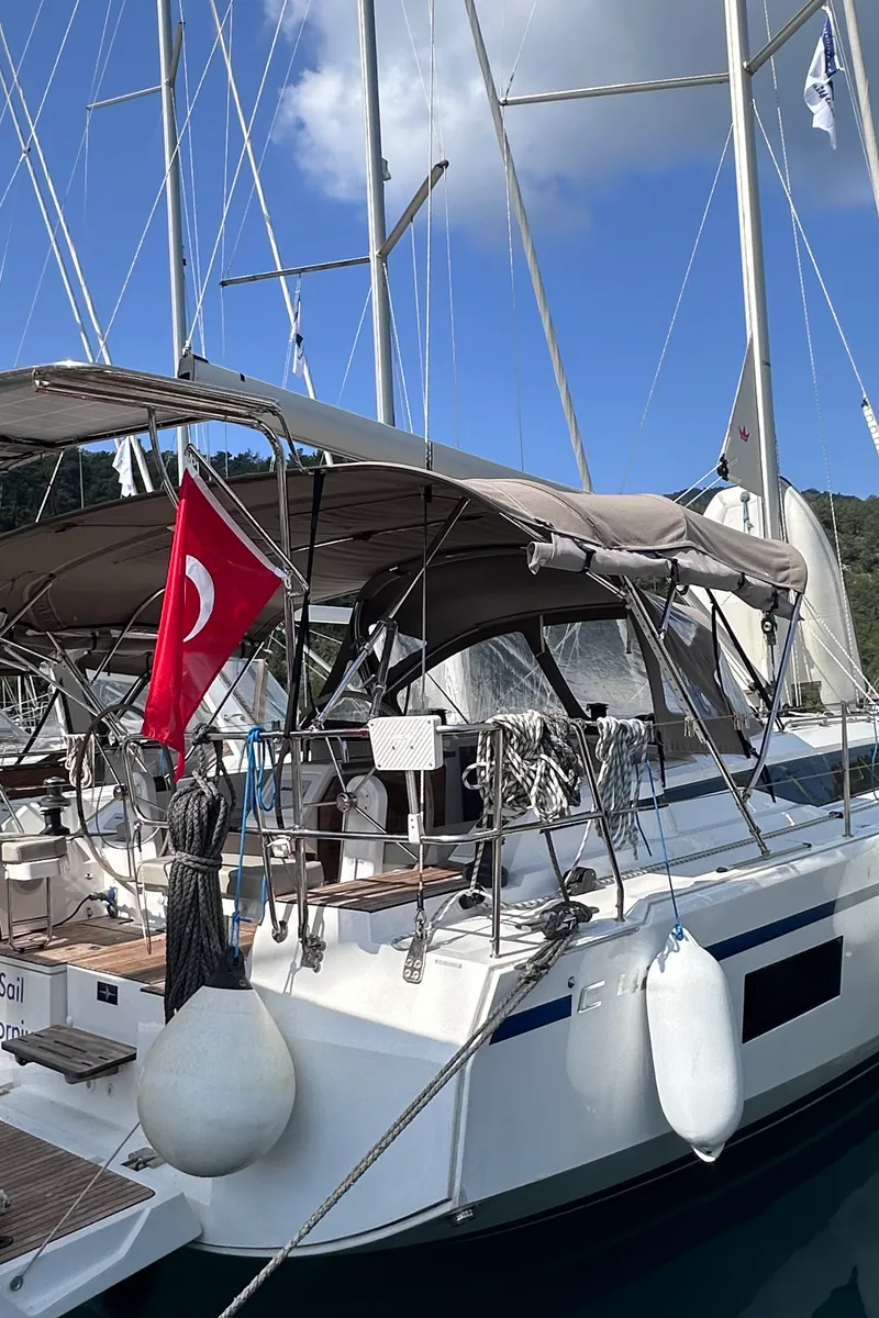 Exterior view of Sail Scorpius, a Bavaria C42 sailboat at Marmaris, Turkey