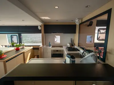 Galley of L'Indécis, a Gulet Leen 56 sailboat at Marigot, France