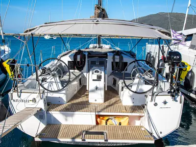 Cockpit of Psi Octantis, a Jeanneau Sun Odyssey 410 sailboat at Preveza, Greece