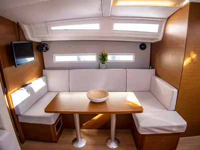 Salon of Psi Octantis, a Jeanneau Sun Odyssey 410 sailboat at Preveza, Greece