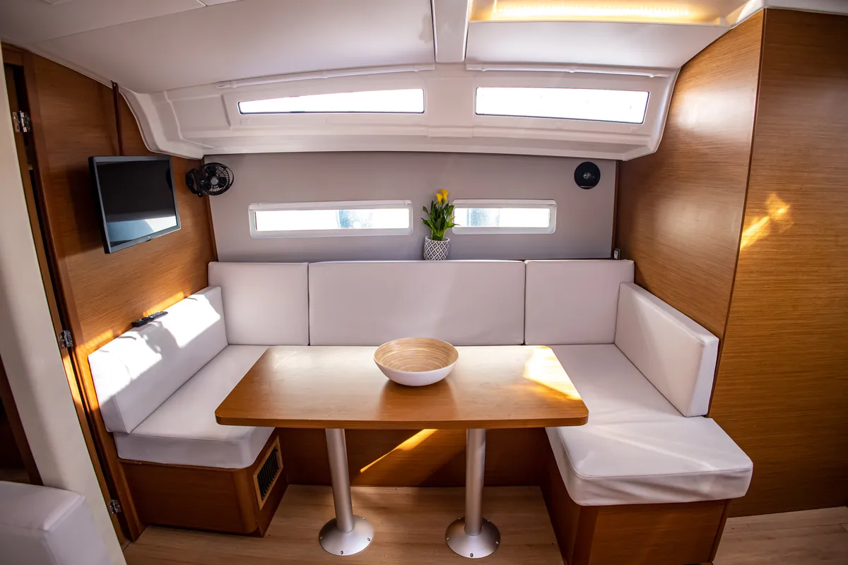 Salon of Psi Octantis, a Jeanneau Sun Odyssey 410 sailboat at Preveza, Greece