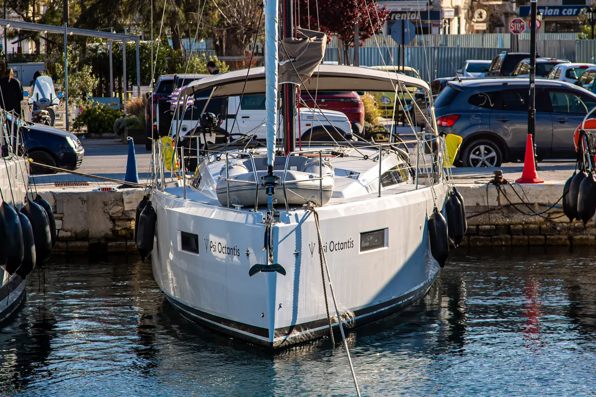 Exterior view of Psi Octantis, a Jeanneau Sun Odyssey 410 sailboat at Preveza, Greece
