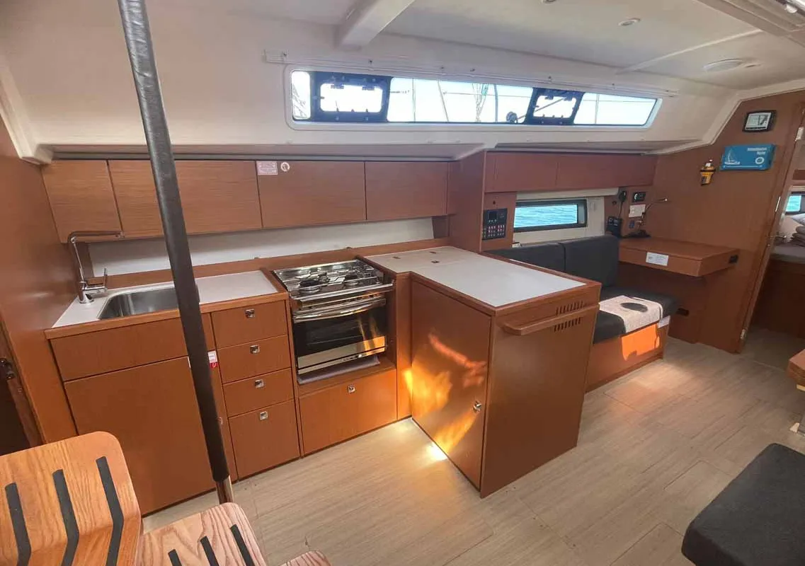 Galley of Paella, a Bavaria C42 sailboat at Figari/Golfo Aranci, Italy