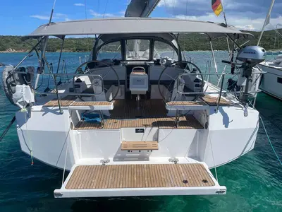Cockpit of Paella, a Bavaria C42 sailboat at Figari/Golfo Aranci, Italy