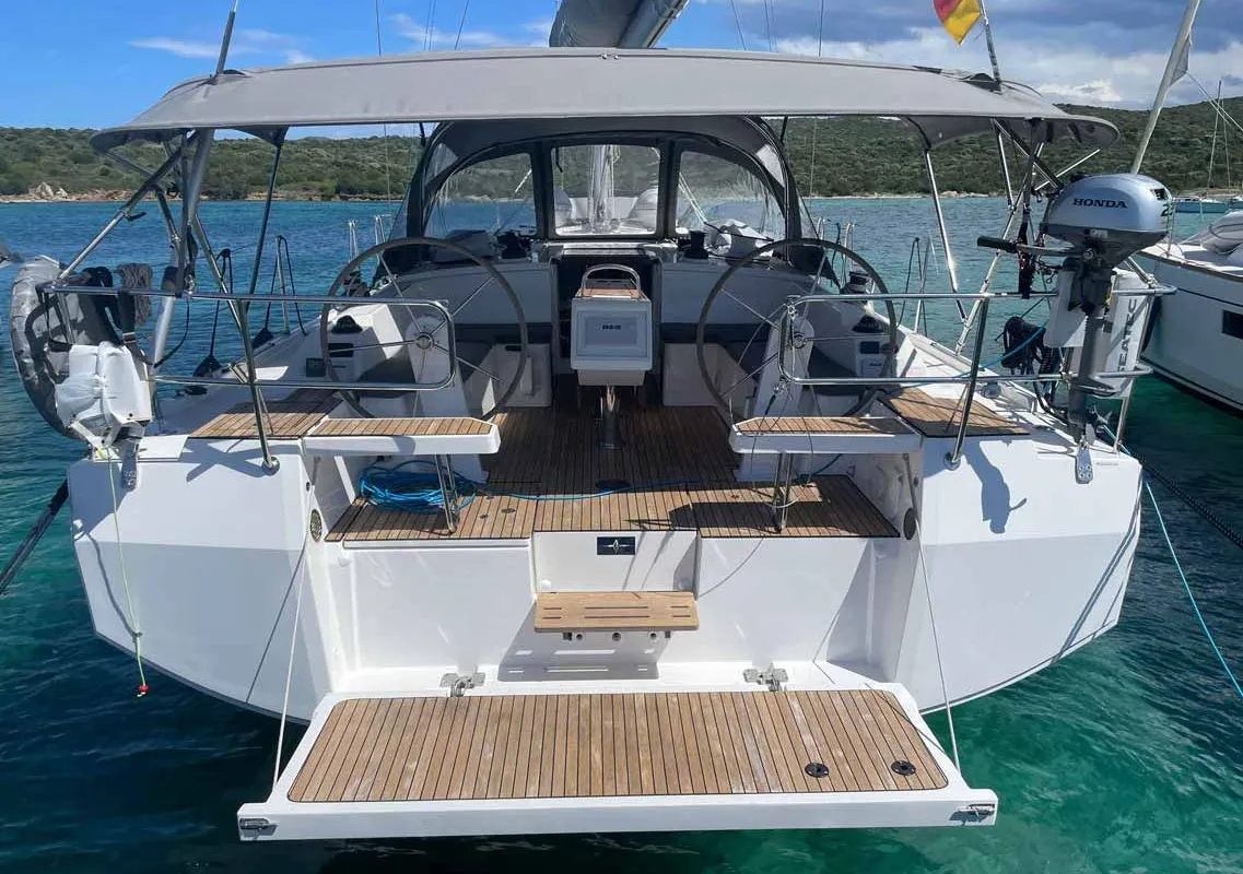 Cockpit of Paella, a Bavaria C42 sailboat at Figari/Golfo Aranci, Italy