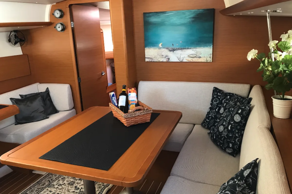 Salon of Korinne, a Jeanneau Sun Odyssey 409 sailboat at Kontokali, Greece