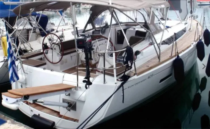 Exterior view of Korinne, a Jeanneau Sun Odyssey 409 sailboat at Kontokali, Greece