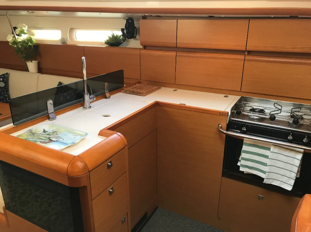 Galley of Korinne, a Jeanneau Sun Odyssey 409 sailboat at Kontokali, Greece