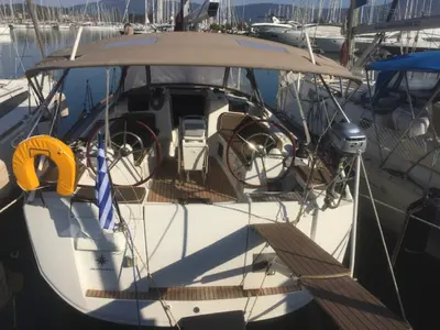 Cockpit of Korinne, a Jeanneau Sun Odyssey 409 sailboat at Kontokali, Greece