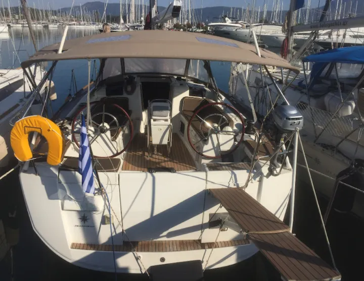 Cockpit of Korinne, a Jeanneau Sun Odyssey 409 sailboat at Kontokali, Greece