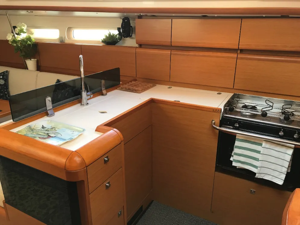 Galley of Korinne, a Jeanneau Sun Odyssey 409 sailboat at Kontokali, Greece