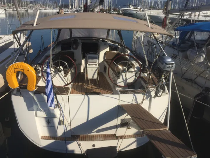 Exterior view of Korinne, a Jeanneau Sun Odyssey 409 sailboat at Kontokali, Greece