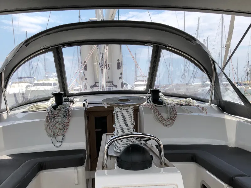 Deck of Alma Libre III, a Bavaria Cruiser 51 sailboat at Municipal Unit of Lefkada, Greece