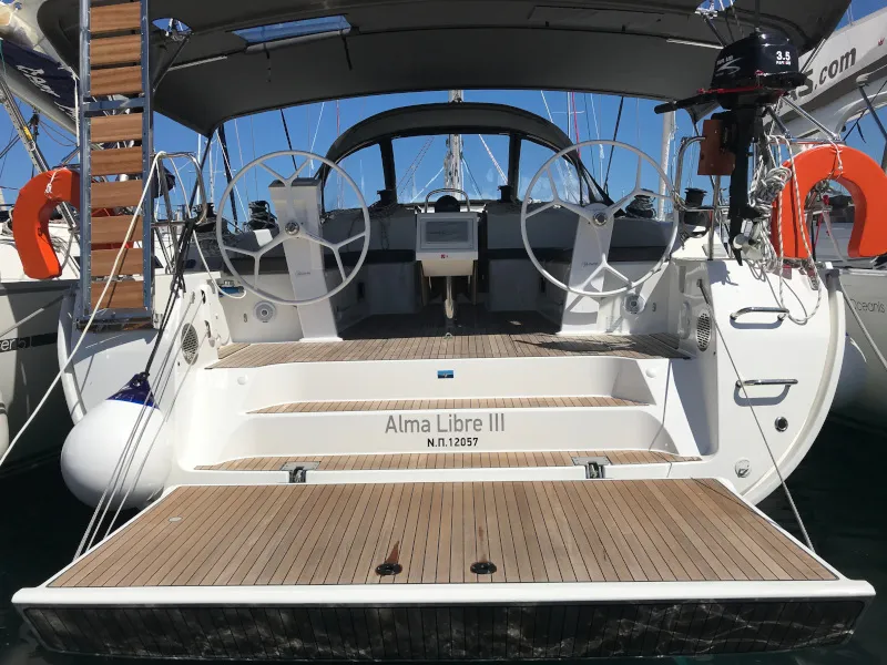 Exterior view of Alma Libre III, a Bavaria Cruiser 51 sailboat at Municipal Unit of Lefkada, Greece