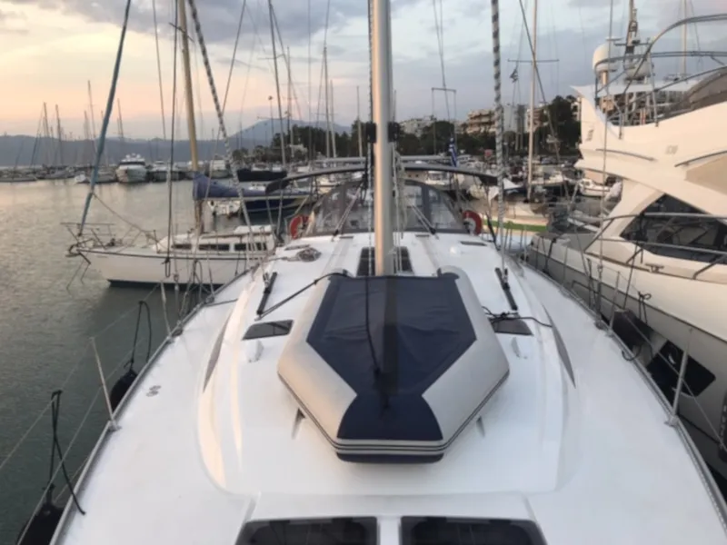 Deck of Alma Libre III, a Bavaria Cruiser 51 sailboat at Municipal Unit of Lefkada, Greece