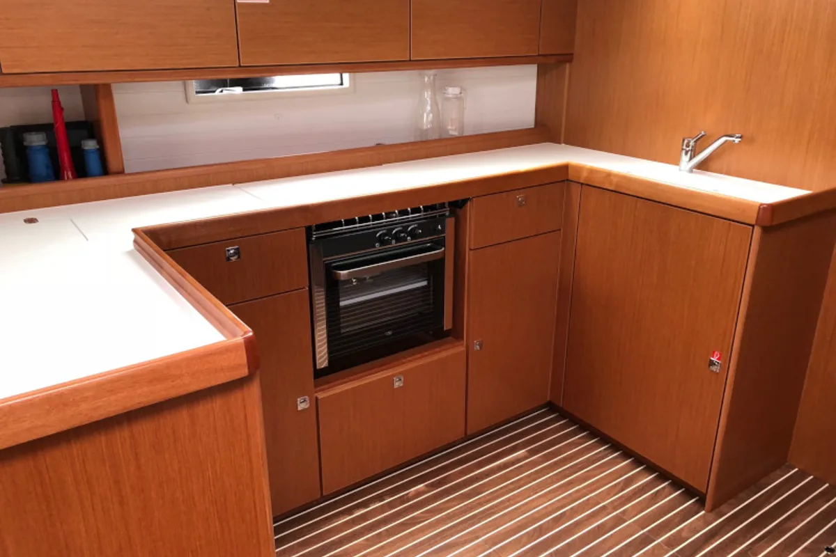 Galley of Alma Libre III, a Bavaria Cruiser 51 sailboat at Municipal Unit of Lefkada, Greece
