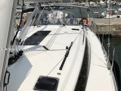 Deck of Alma Libre III, a Bavaria Cruiser 51 sailboat at Municipal Unit of Lefkada, Greece