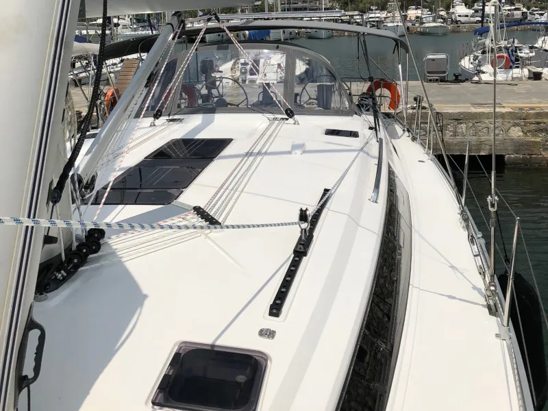 Deck of Alma Libre III, a Bavaria Cruiser 51 sailboat at Municipal Unit of Lefkada, Greece