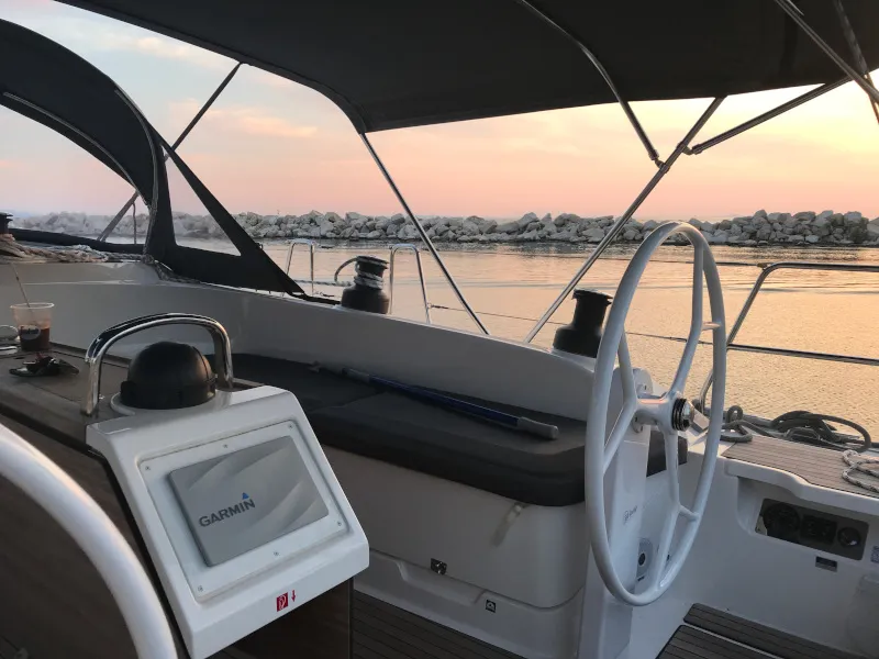 Cockpit of Alma Libre III, a Bavaria Cruiser 51 sailboat at Municipal Unit of Lefkada, Greece
