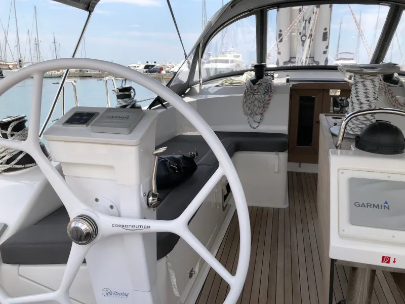 Cockpit of Alma Libre III, a Bavaria Cruiser 51 sailboat at Municipal Unit of Lefkada, Greece