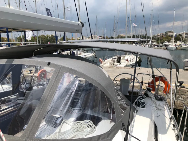 Deck of Alma Libre III, a Bavaria Cruiser 51 sailboat at Municipal Unit of Lefkada, Greece