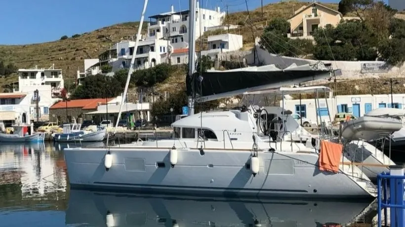 BUTTERFLY, a Lagoon 380 catamaran at Parikia, Greece