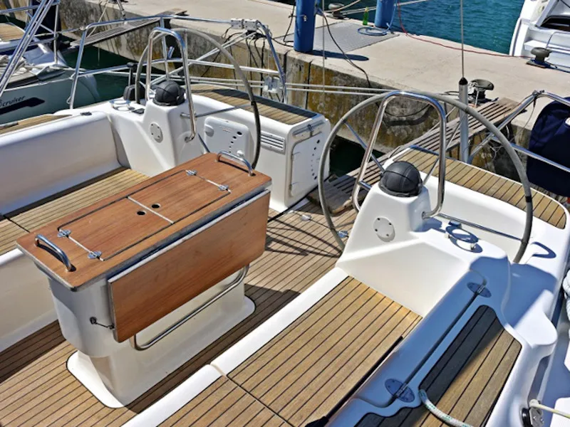 Cockpit of Biki, a Bavaria 46 sailboat at Pisticci, Italy