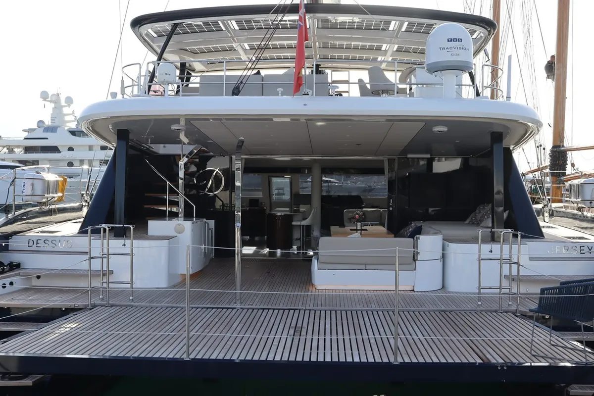 Exterior view of Dessus, a Sunreef 60 catamaran at Grad Kaštela, Croatia