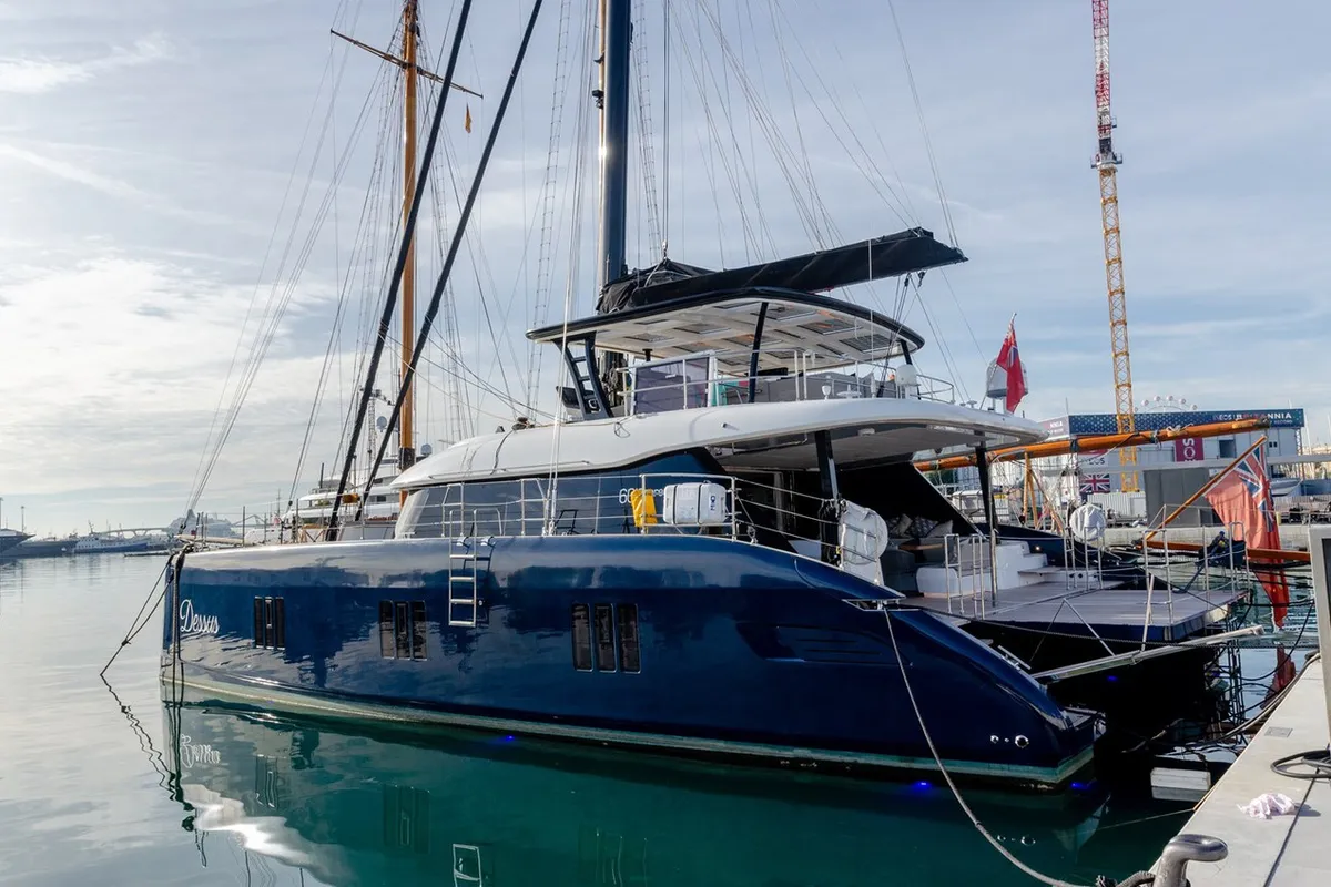 Exterior view of Dessus, a Sunreef 60 catamaran at Grad Kaštela, Croatia
